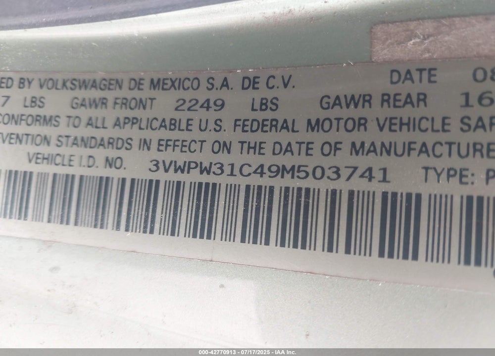 2009 VOLKSWAGEN BEETLE VIN: 3VWPW31C49M503741