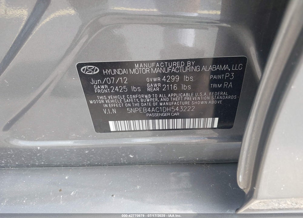 2013 HYUNDAI SONATA VIN: 5NPEB4AC1DH543222