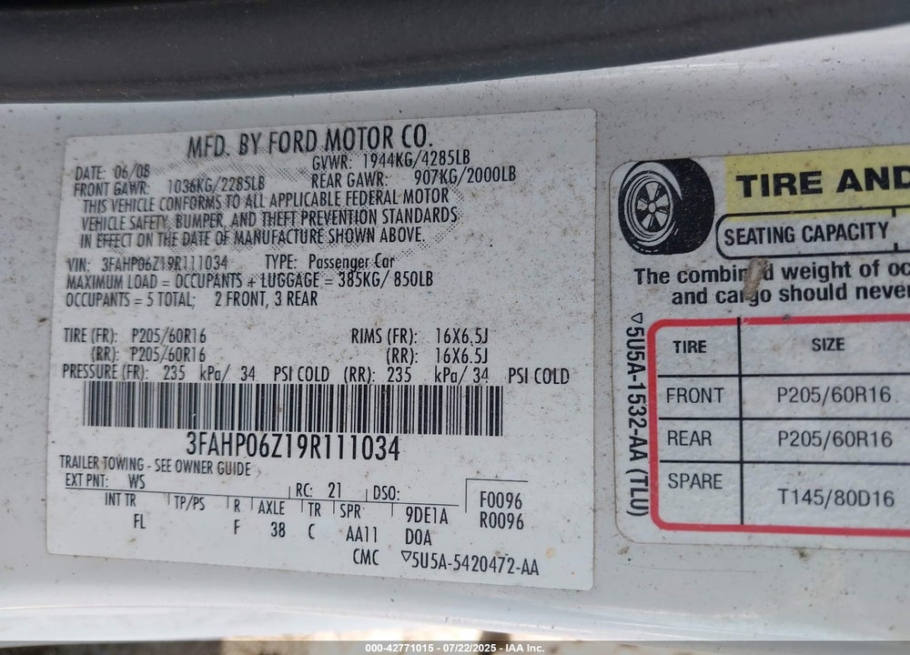 2009 FORD FUSION VIN: 3FAHP06Z19R111034