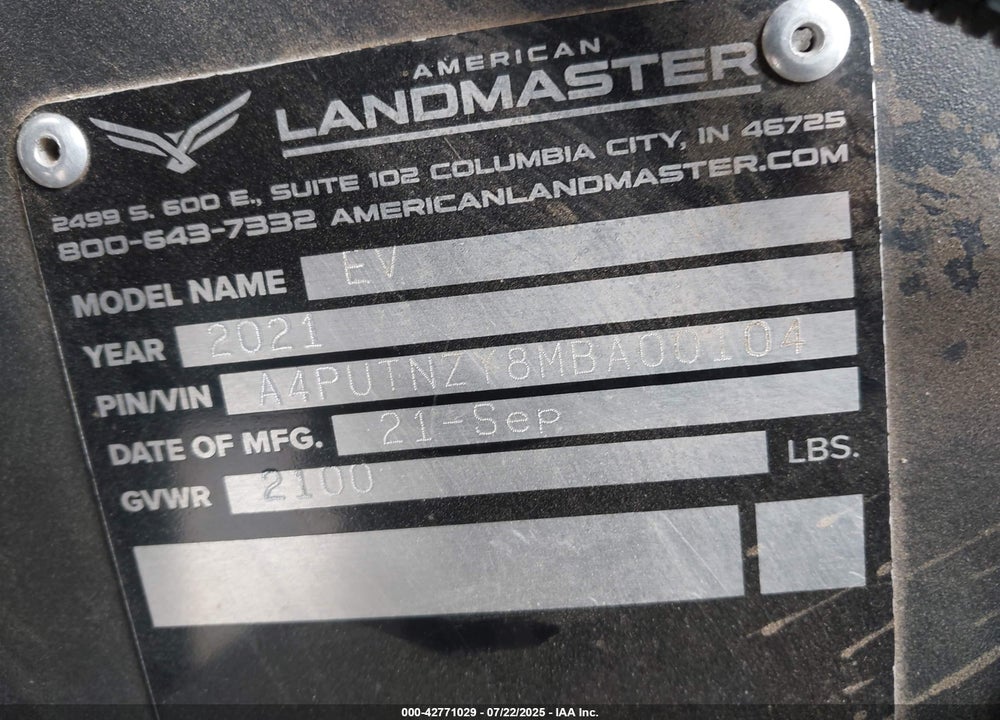 2022 AMERICAN LANDMASTER EV VIN: A4PUTNZY8MBA00104