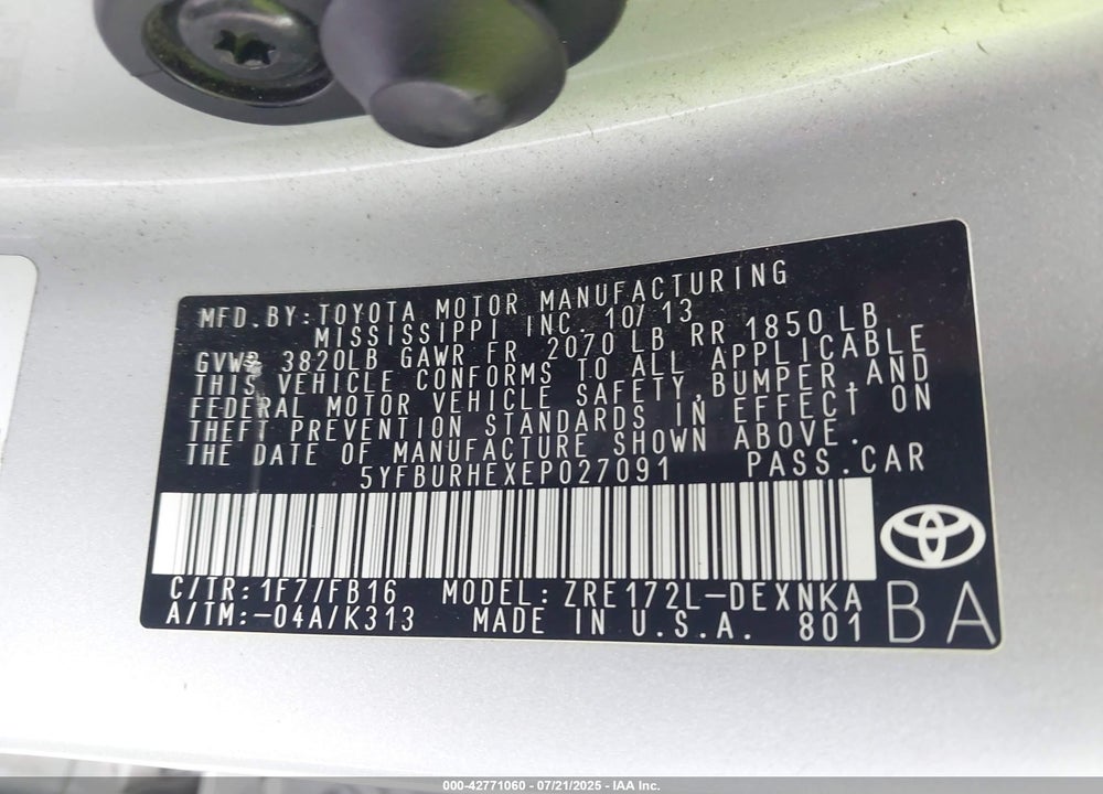 2014 TOYOTA COROLLA VIN: 5YFBURHEXEP027091