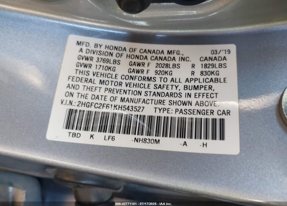 2019 HONDA CIVIC VIN: 2HGFC2F61KH543527