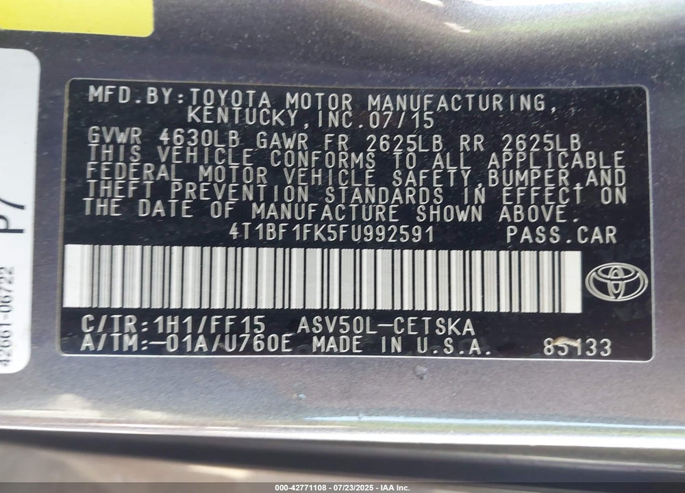 2015 TOYOTA CAMRY VIN: 4T1BF1FK5FU992591