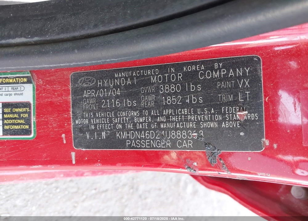 2004 HYUNDAI ELANTRA GLS/GT VIN: KMHDN46D24U888393