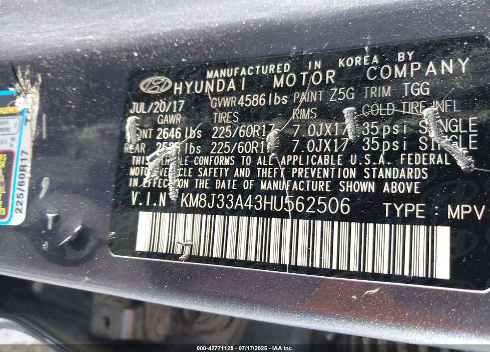2017 HYUNDAI TUCSON VIN: KM8J33A43HU562506