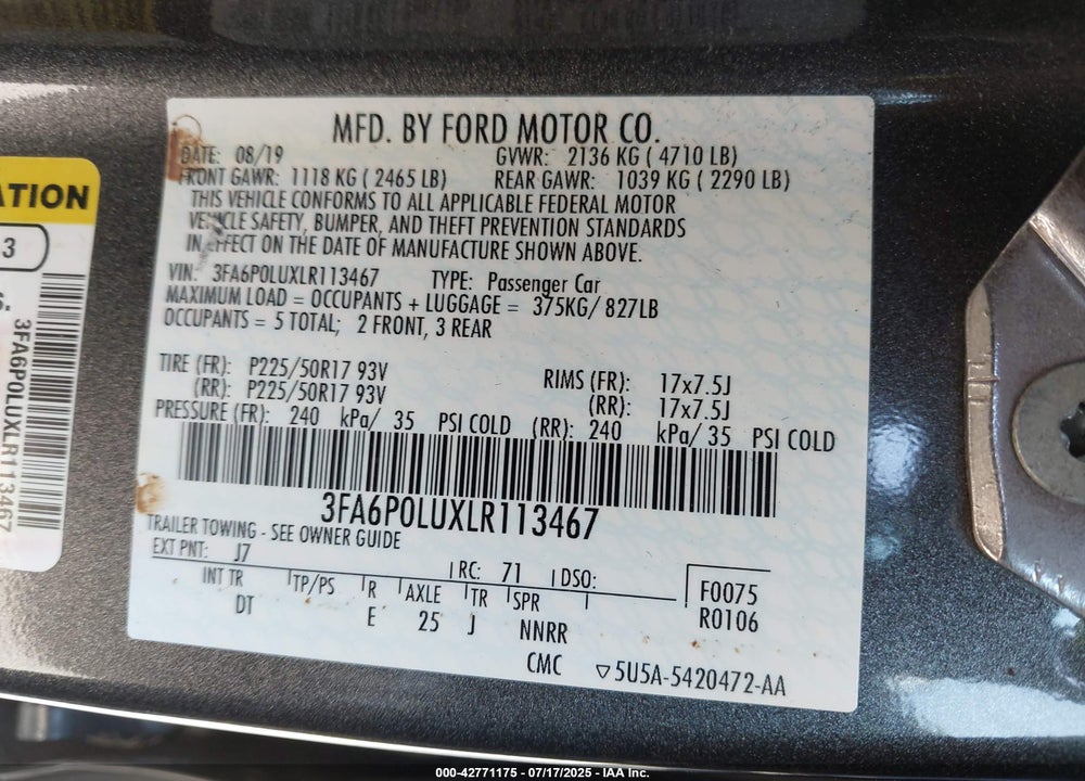 2020 FORD FUSION VIN: 3FA6P0LUXLR113467