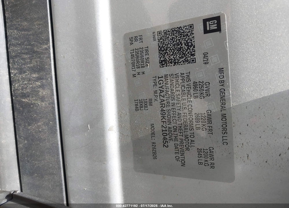 2019 CADILLAC XT4 VIN: 1GYAZAR49KF210452