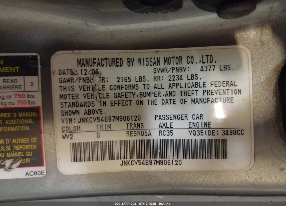 2007 INFINITI G35 VIN: JNKCV54E97M906120