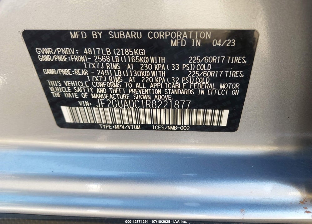 2024 SUBARU CROSSTREK VIN: JF2GUADC1R8221877