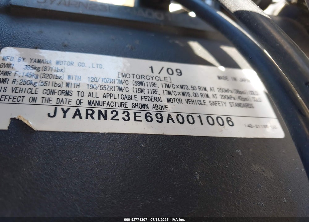 2009 YAMAHA YZFR1 VIN: JYARN23E69A001006