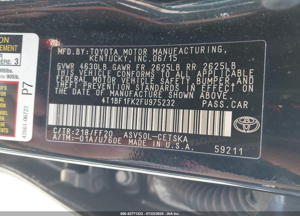 2015 TOYOTA CAMRY VIN: 4T1BF1FK2FU975232