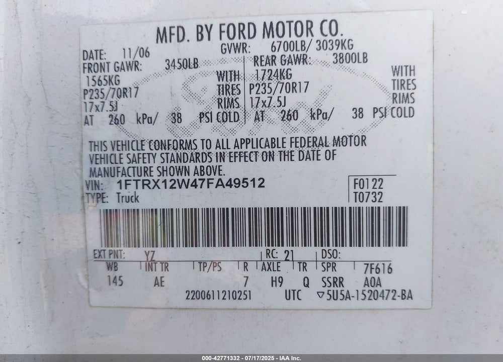 2007 FORD F-150 VIN: 1FTRX12W47FA49512