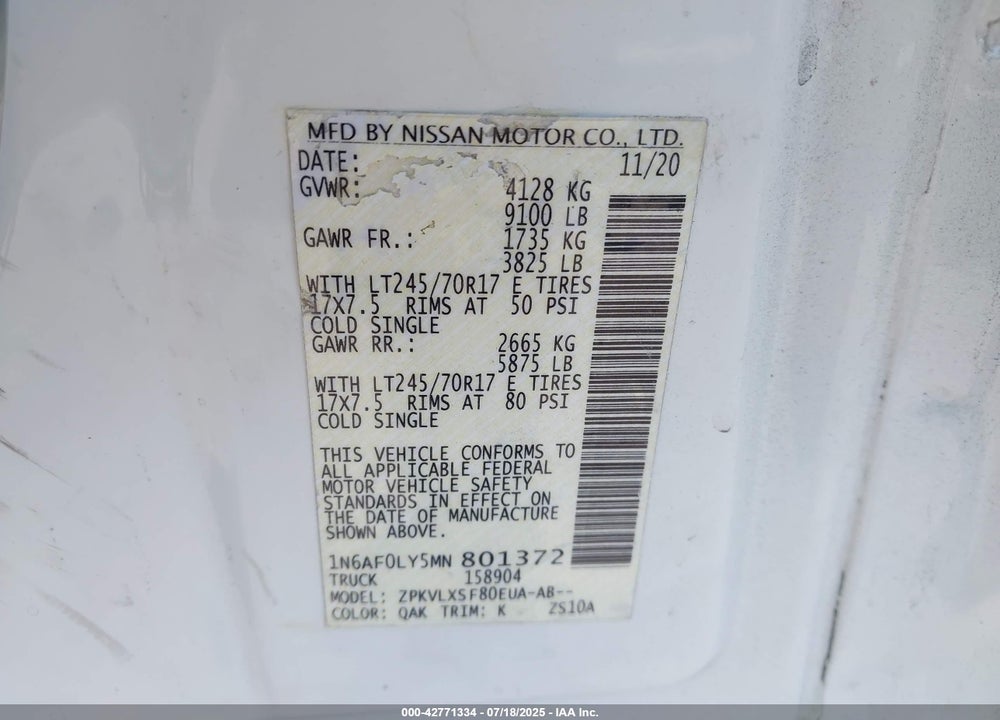 2021 NISSAN NV CARGO NV2500 HD SV HIGH ROOF V8 VIN: 1N6AF0LY5MN801372