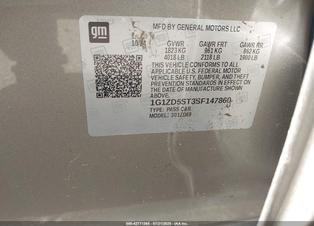 2025 CHEVROLET MALIBU FWD 1LT VIN: 1G1ZD5ST3SF147860