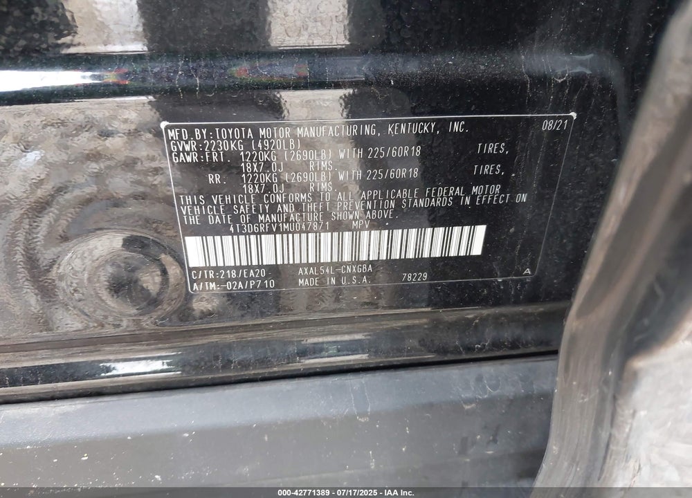 2021 TOYOTA RAV4 HYBRID LIMITED VIN: 4T3D6RFV1MU047871