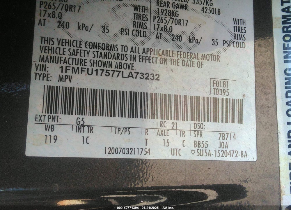 2007 FORD EXPEDITION VIN: 1FMFU17577LA73232