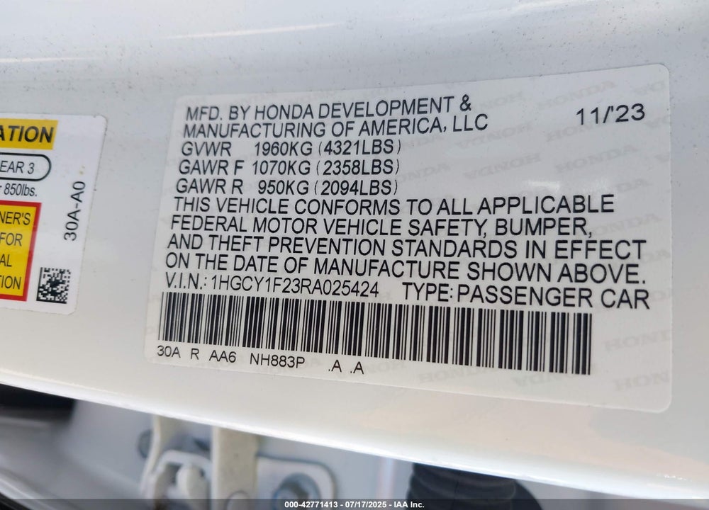 2024 HONDA ACCORD LX VIN: 1HGCY1F23RA025424