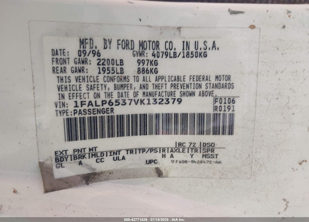 1997 FORD CONTOUR GL VIN: 1FALP6537VK132379