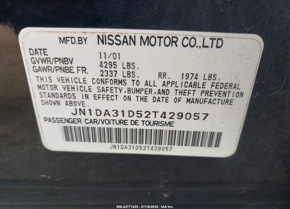 2002 NISSAN MAXIMA GLE VIN: JN1DA31D52T429057