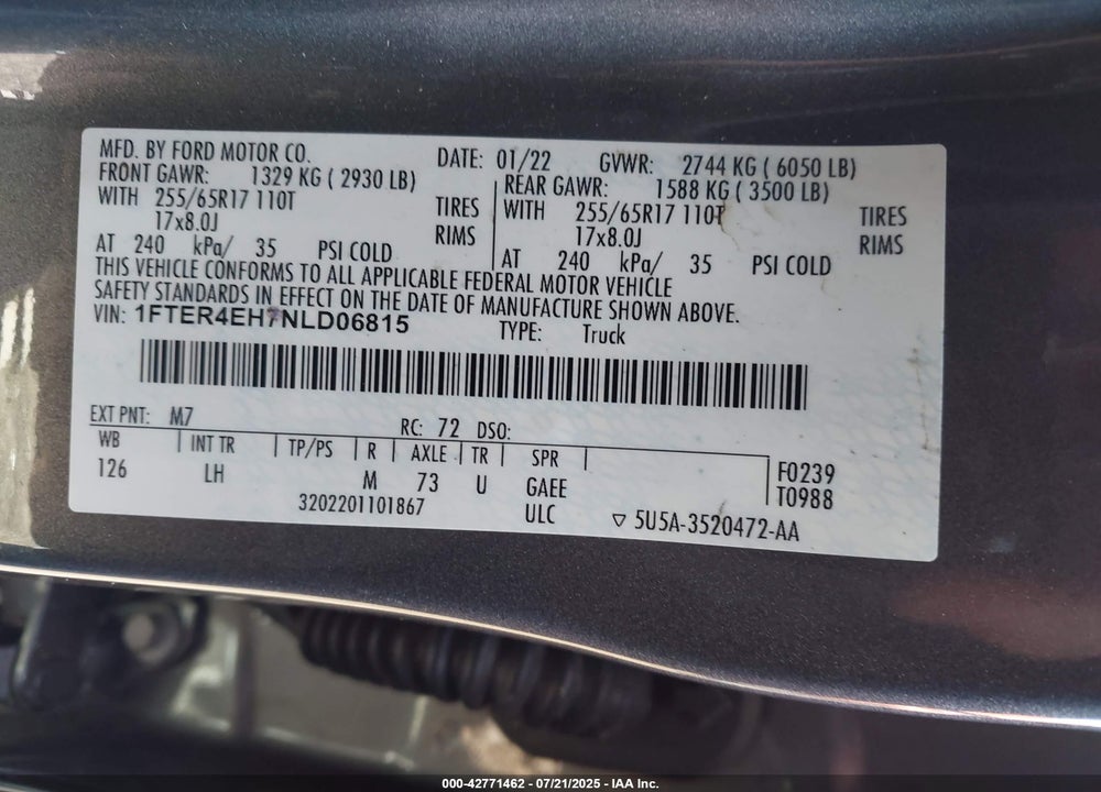 2022 FORD RANGER VIN: 1FTER4EH7NLD06815