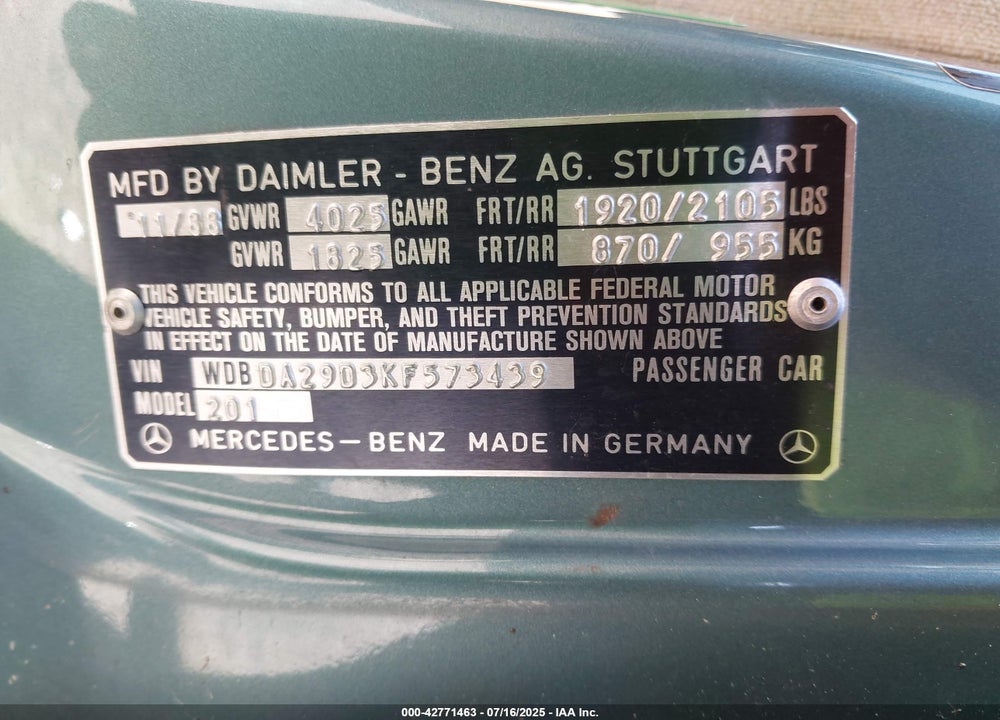 1989 MERCEDES-BENZ 190 E 2.6 VIN: WDBDA29D3KF573439