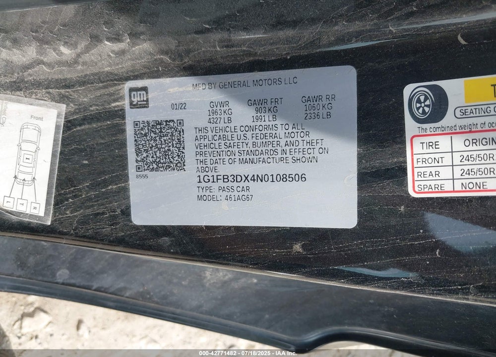 2022 CHEVROLET CAMARO VIN: 1G1FB3DX4N0108506