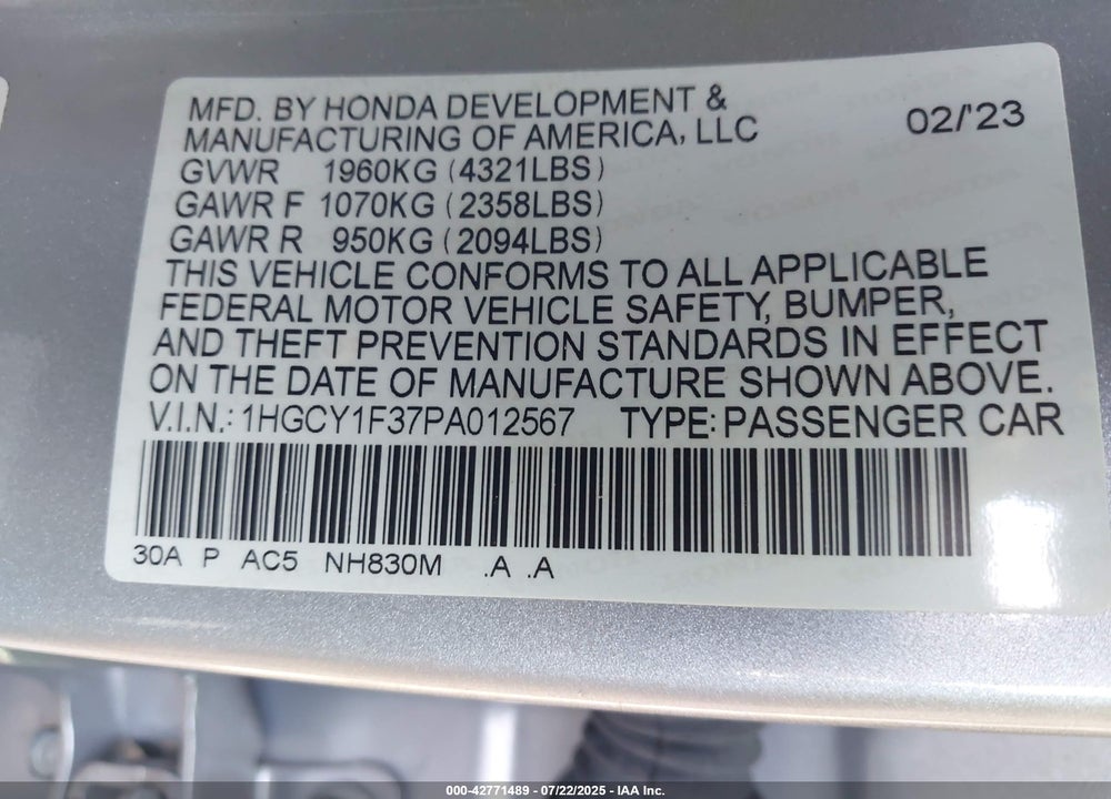 2023 HONDA ACCORD VIN: 1HGCY1F37PA012567
