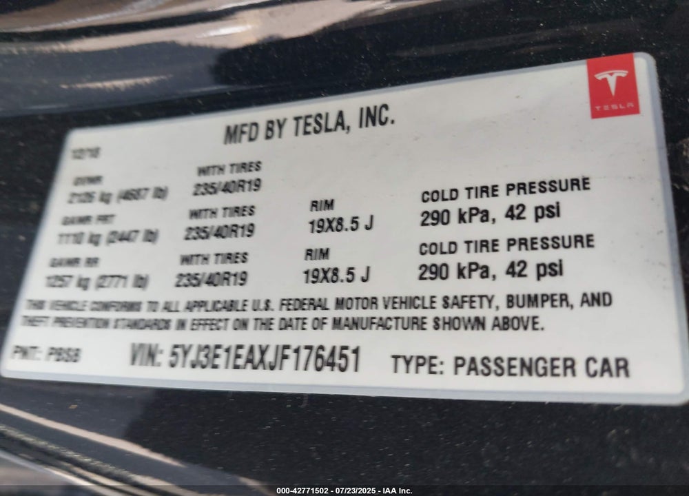 2018 TESLA MODEL 3 VIN: 5YJ3E1EAXJF176451