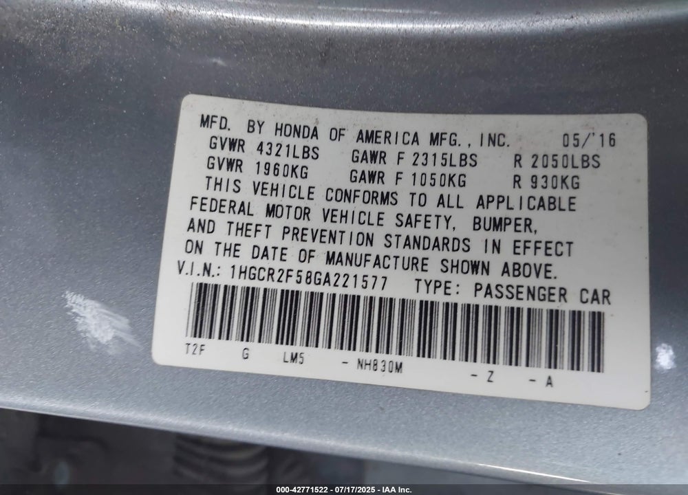 2016 HONDA ACCORD SPORT VIN: 1HGCR2F58GA221577