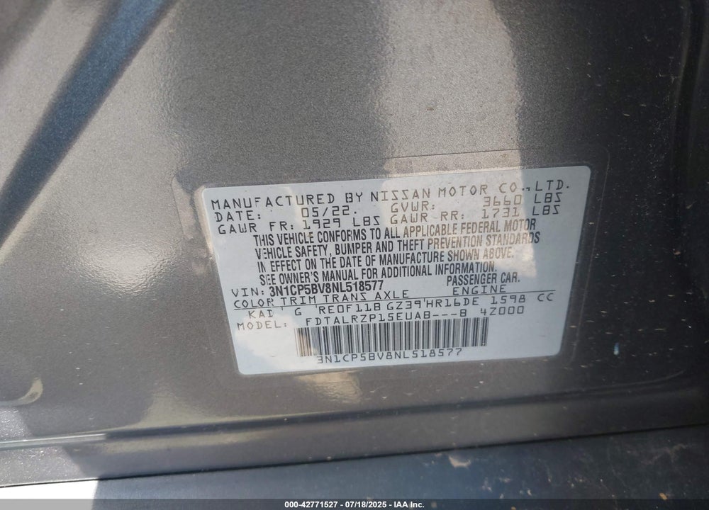 2022 NISSAN KICKS VIN: 3N1CP5BV8NL518577