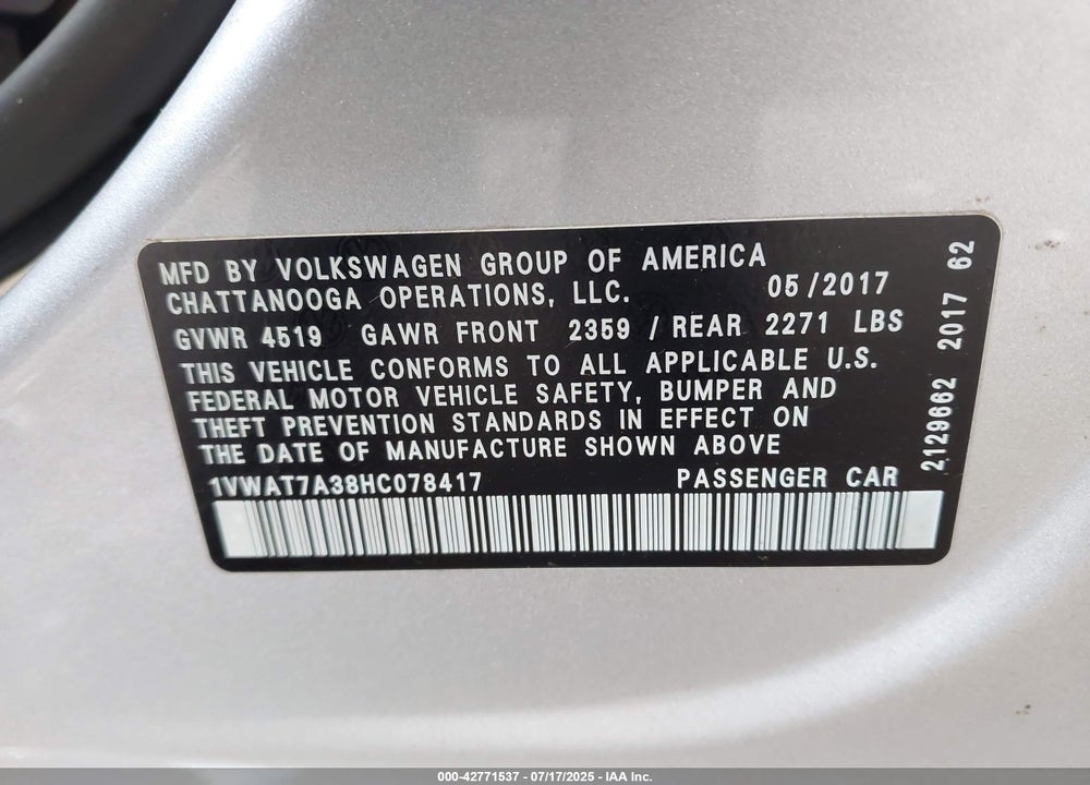 2017 VOLKSWAGEN PASSAT VIN: 1VWAT7A38HC078417