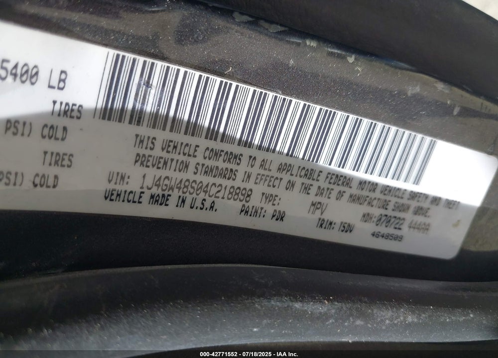 2004 JEEP GRAND CHEROKEE LAREDO VIN: 1J4GW48S04C218898