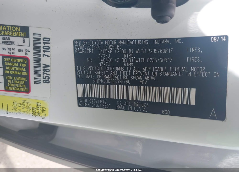2014 TOYOTA SIENNA XLE V6 8 PASSENGER VIN: 5TDYK3DC1ES526760