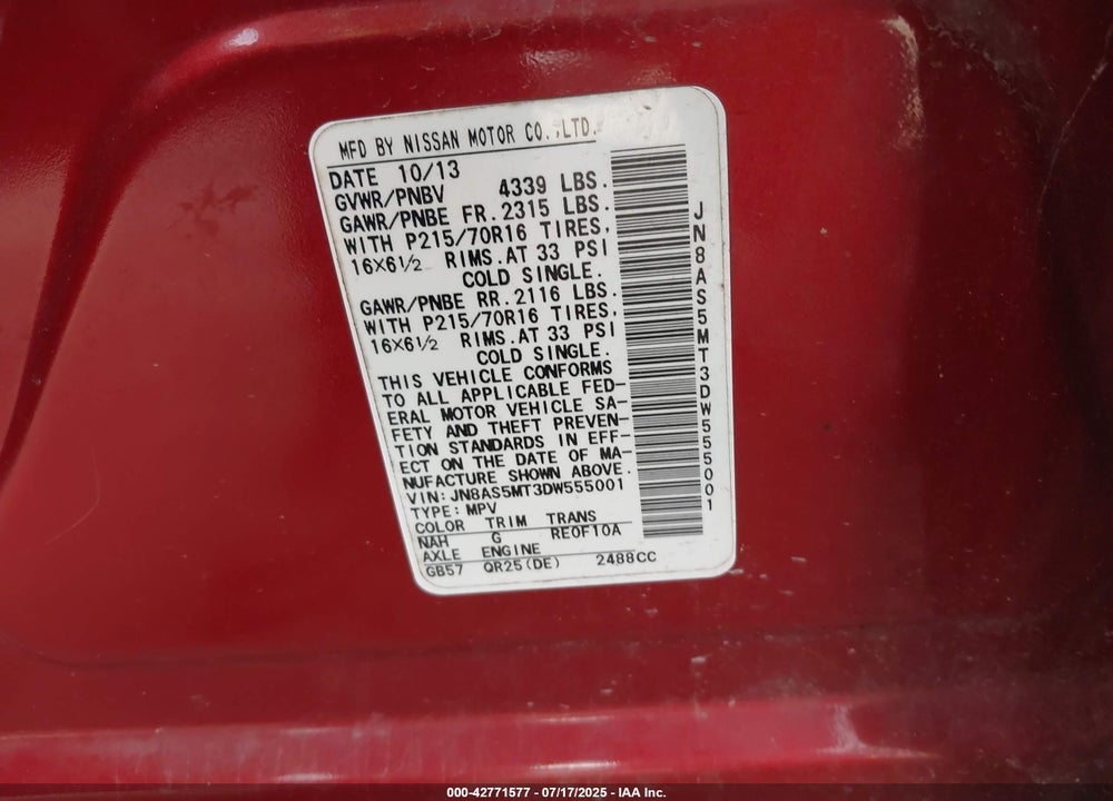 2013 NISSAN ROGUE VIN: JN8AS5MT3DW555001