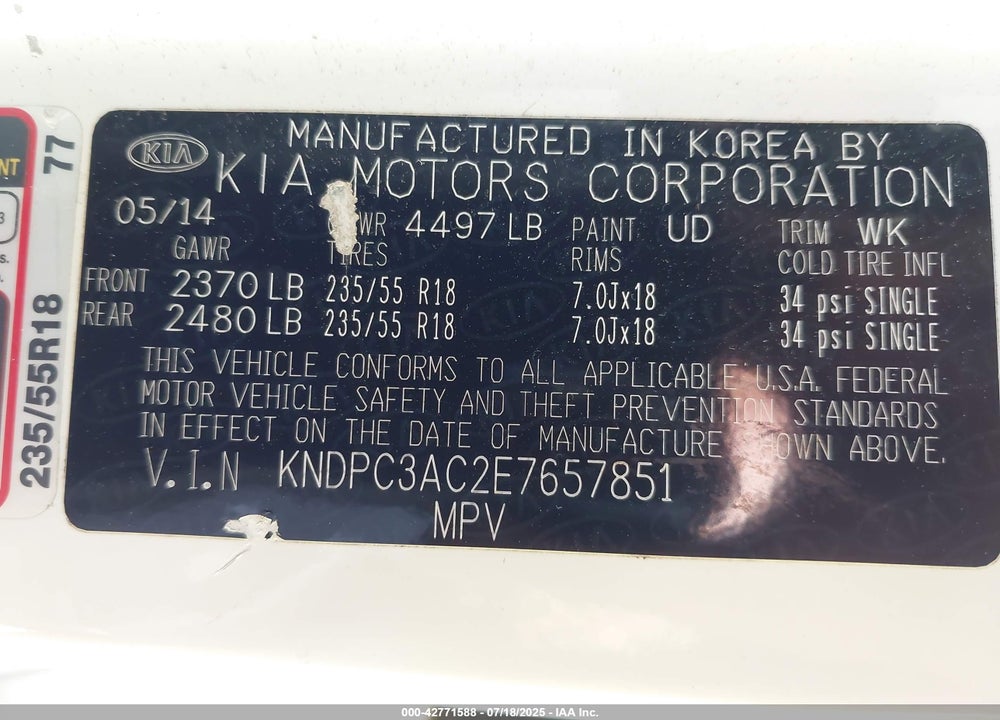 2014 KIA SPORTAGE VIN: KNDPC3AC2E7657851