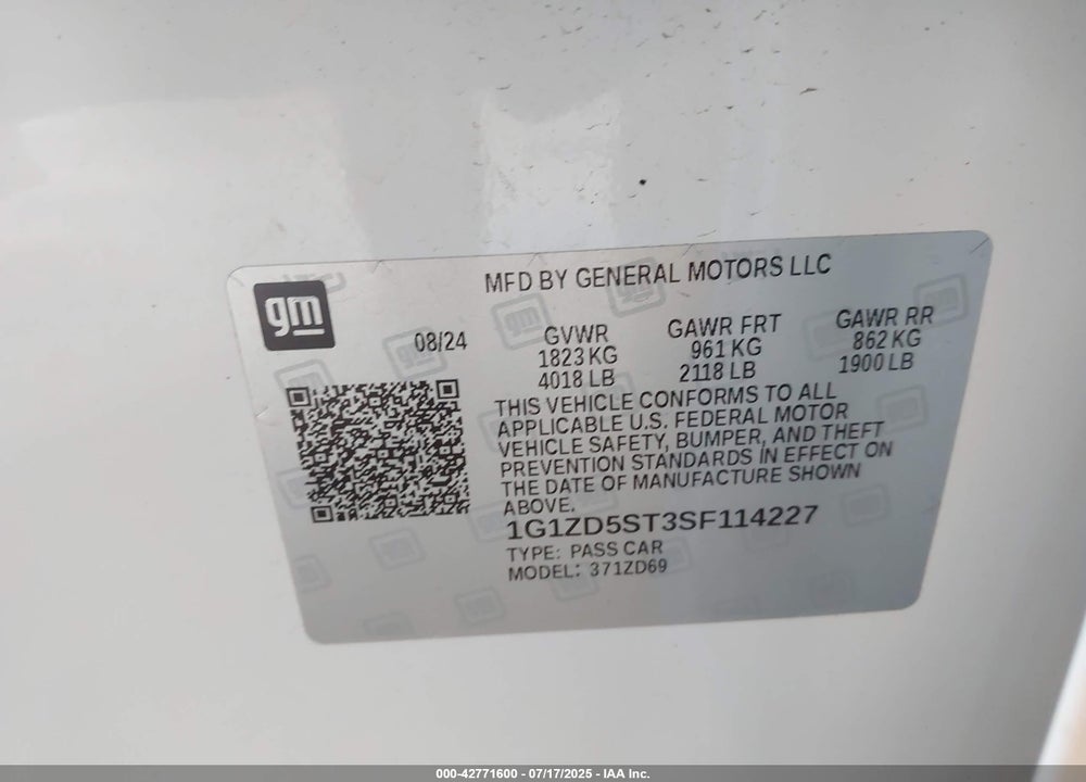 2025 CHEVROLET MALIBU FWD 1LT VIN: 1G1ZD5ST3SF114227