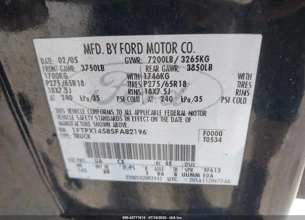2005 FORD F150 VIN: 1FTPX14585FA82196