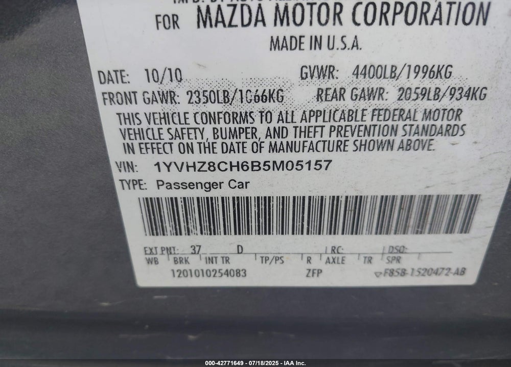 2011 MAZDA 6 VIN: 1YVHZ8CH6B5M05157