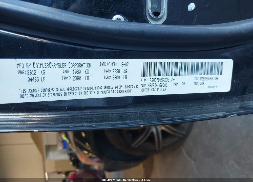 2007 DODGE CALIBER R/T VIN: 1B3HB78K57D331754