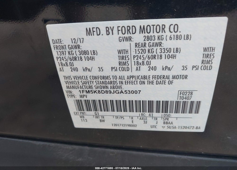 2018 FORD EXPLORER VIN: 1FM5K8D89JGA53007