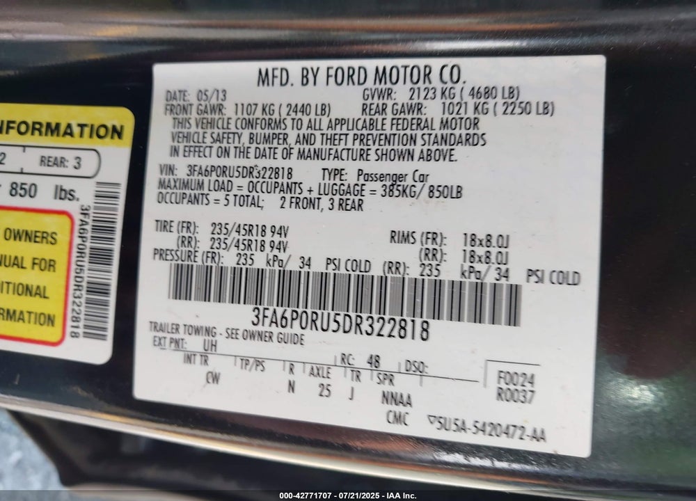2013 FORD FUSION VIN: 3FA6P0RU5DR322818
