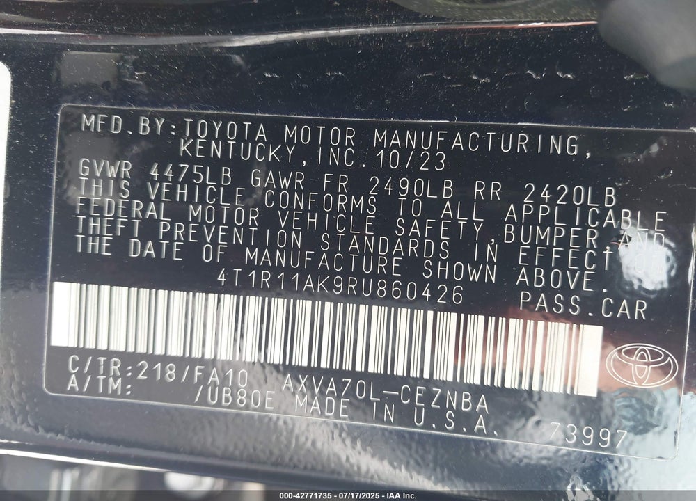 2024 TOYOTA CAMRY LE VIN: 4T1R11AK9RU860426