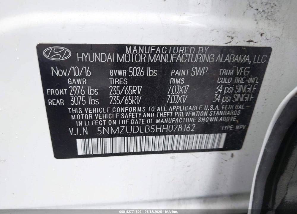 2017 HYUNDAI SANTA FE SPORT VIN: 5NMZUDLB5HH028162