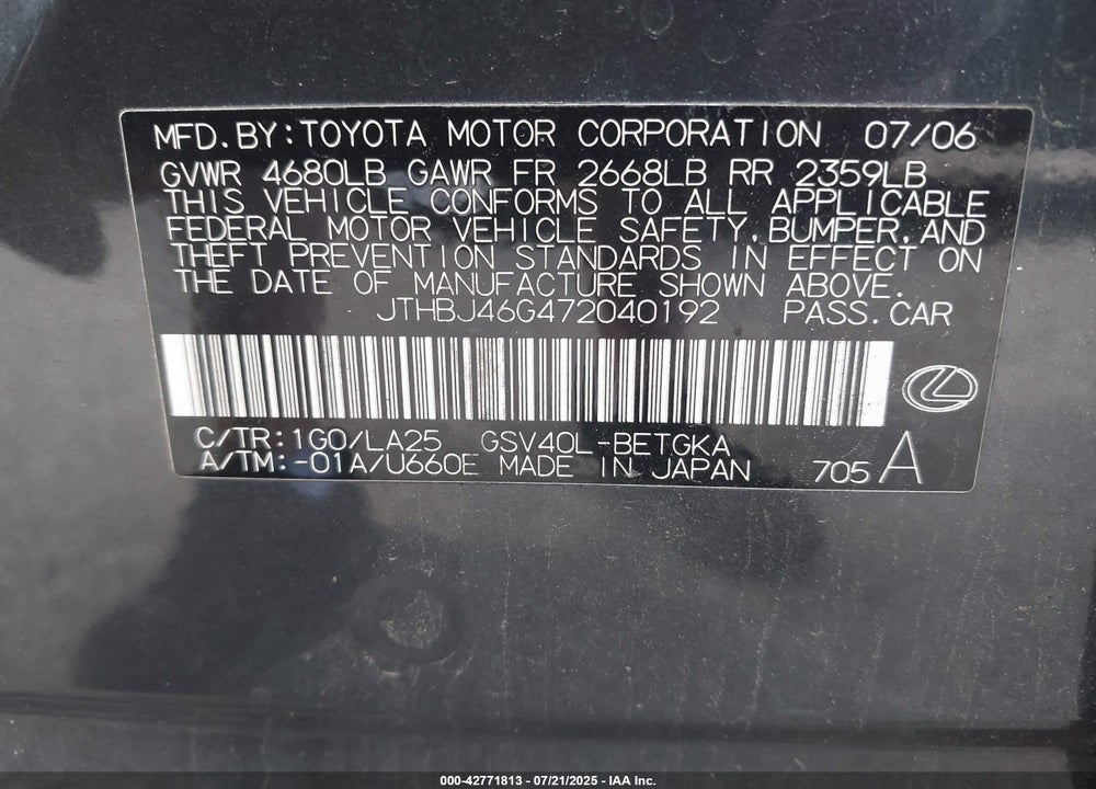 2007 LEXUS ES 350 VIN: JTHBJ46G472040192