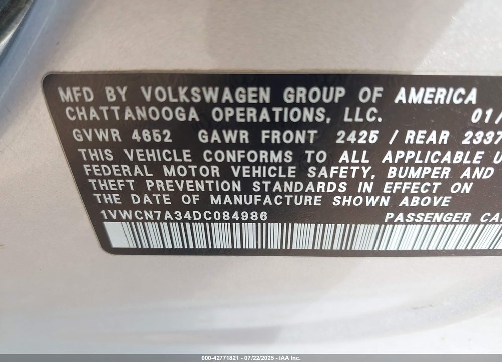 2013 VOLKSWAGEN PASSAT 2.0L TDI SEL PREMIUM VIN: 1VWCN7A34DC084986