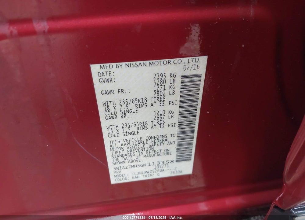2016 NISSAN MURANO VIN: 5N1AZ2MH5GN113358