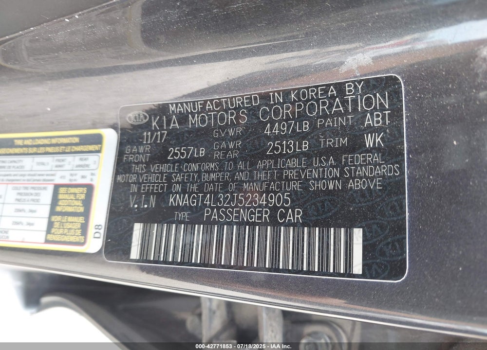2018 KIA OPTIMA LX VIN: KNAGT4L32J5234905