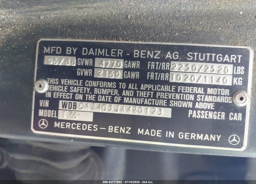 1988 MERCEDES-BENZ 300 SE VIN: WDBCA24D3JA420123