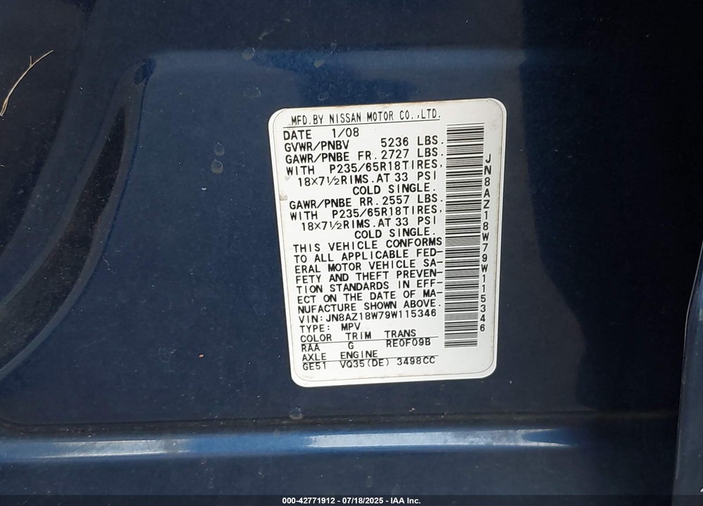 2009 NISSAN MURANO VIN: JN8AZ18W79W115346