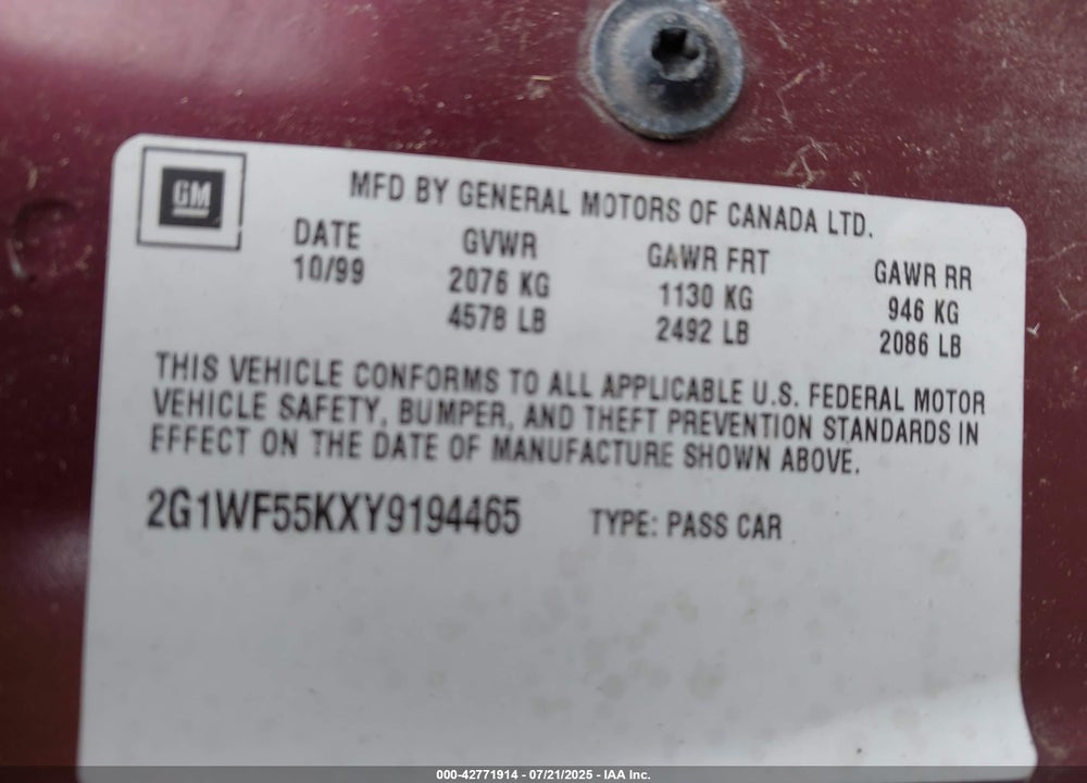 2000 CHEVROLET IMPALA VIN: 2G1WF55KXY9194465